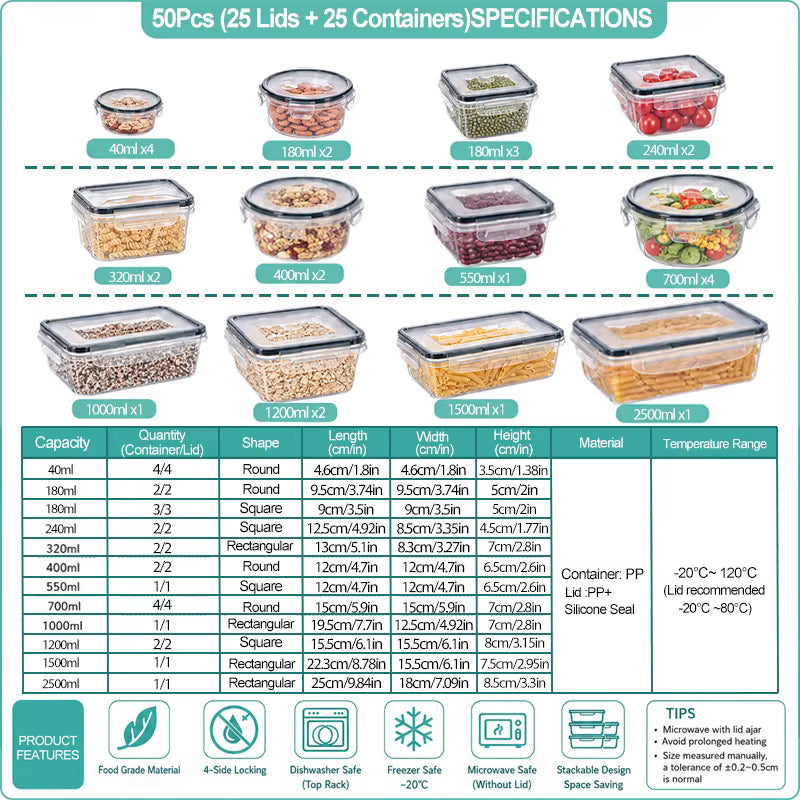 A product specification and selection chart for a 50-piece set of 25 lids and 25 containers. The chart displays various container sizes from 40ml to 250ml, showing both round and square shapes, along with a detailed capacity table and feature icons at the bottom.