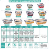 A product specification and selection chart for a 50-piece set of 25 lids and 25 containers. The chart displays various container sizes from 40ml to 250ml, showing both round and square shapes, along with a detailed capacity table and feature icons at the bottom.