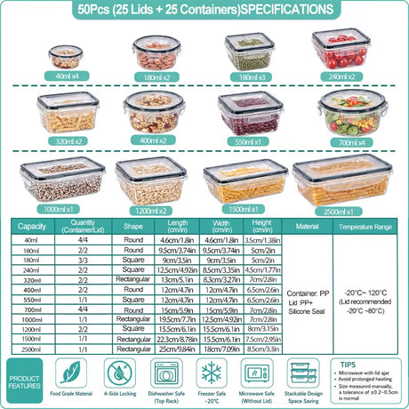 A product specification and selection chart for a 50-piece set of 25 lids and 25 containers. The chart displays various container sizes from 40ml to 250ml, showing both round and square shapes, along with a detailed capacity table and feature icons at the bottom.