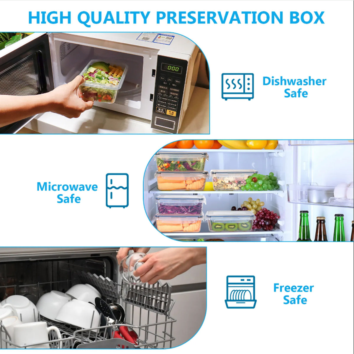 Promotional collage for a high-quality preservation box, showing three usage scenarios: a hand placing a clear plastic container into a microwave, a row of preserved fruits and vegetables in clear containers inside a refrigerator, and a hand loading a clear container into a dishwasher. The text highlights key features: 'HIGH QUALITY PRESERVATION BOX', 'Dishwasher Safe', 'Microwave Safe', and 'Freezer Safe'.
