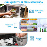 Promotional collage for a high-quality preservation box, showing three usage scenarios: a hand placing a clear plastic container into a microwave, a row of preserved fruits and vegetables in clear containers inside a refrigerator, and a hand loading a clear container into a dishwasher. The text highlights key features: 'HIGH QUALITY PRESERVATION BOX', 'Dishwasher Safe', 'Microwave Safe', and 'Freezer Safe'.