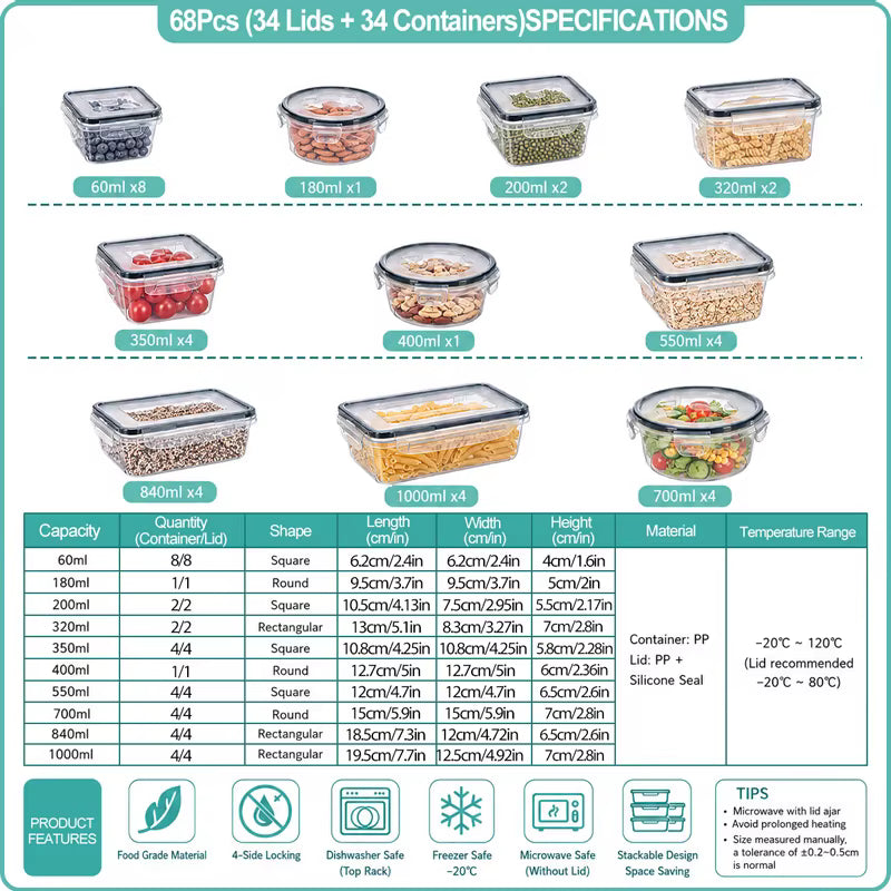 A product specification and features chart for a 68-piece food storage set, showing 11 different container sizes from 60ml to 1000ml with lids and containers, complete with dimensions, quantities, material, temperature range, and feature icons.