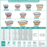 A product specification and features chart for a 68-piece food storage set, showing 11 different container sizes from 60ml to 1000ml with lids and containers, complete with dimensions, quantities, material, temperature range, and feature icons.