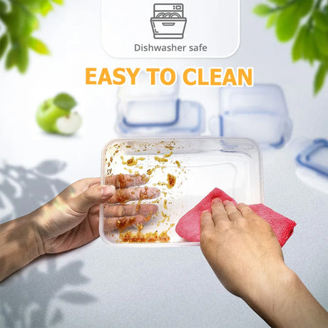 A person holds a dirty clear plastic container while wiping it with a pink cloth. The image includes text overlays reading 'Dishwasher safe' and 'EASY TO CLEAN', along with blurred green leaves and containers in the background.