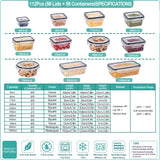 A product specification and capacity chart for a 112-piece set of clear plastic food storage containers and lids. The chart displays six different container sizes (60ml to 1000ml) with corresponding dimensions, shapes, and material details, accompanied by icons highlighting product features like food-grade material, 4-side locking, dishwasher safe, freezer safe, and microwave safe.