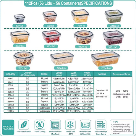 A product specification and capacity chart for a 112-piece set of clear plastic food storage containers and lids. The chart displays six different container sizes (60ml to 1000ml) with corresponding dimensions, shapes, and material details, accompanied by icons highlighting product features like food-grade material, 4-side locking, dishwasher safe, freezer safe, and microwave safe.