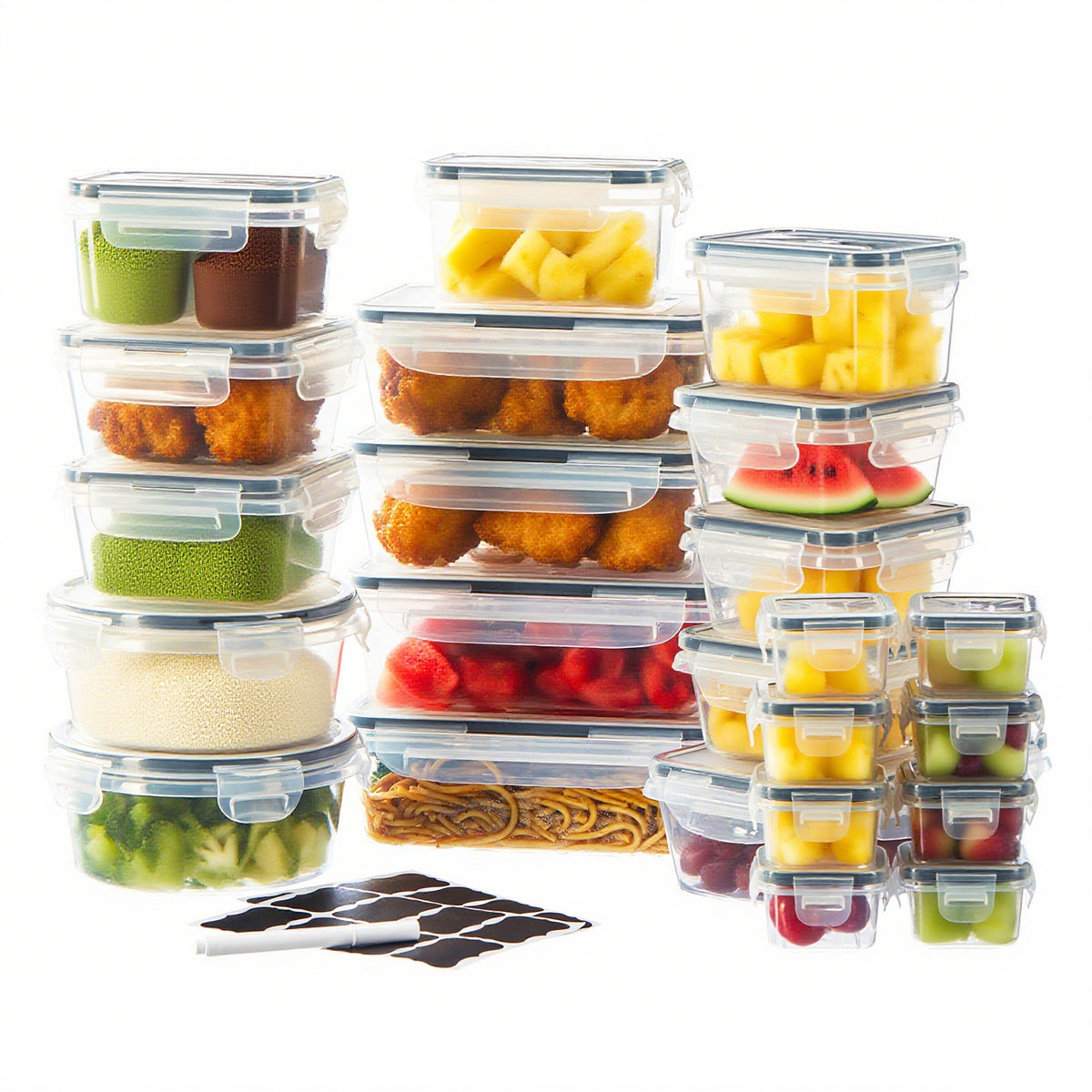 A set of clear plastic food storage containers with dark lids, shown filled with assorted fruits, vegetables, and pasta, alongside a small black-and-white marker on a white background.
