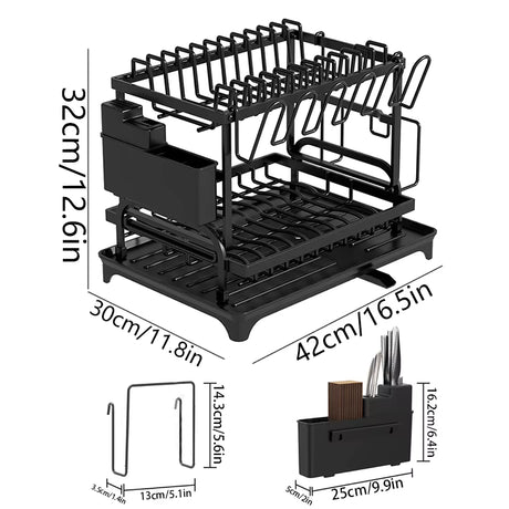 Black metal double-tier dish rack with dimensions labeled (32cm/12.6in height, 30cm/11.