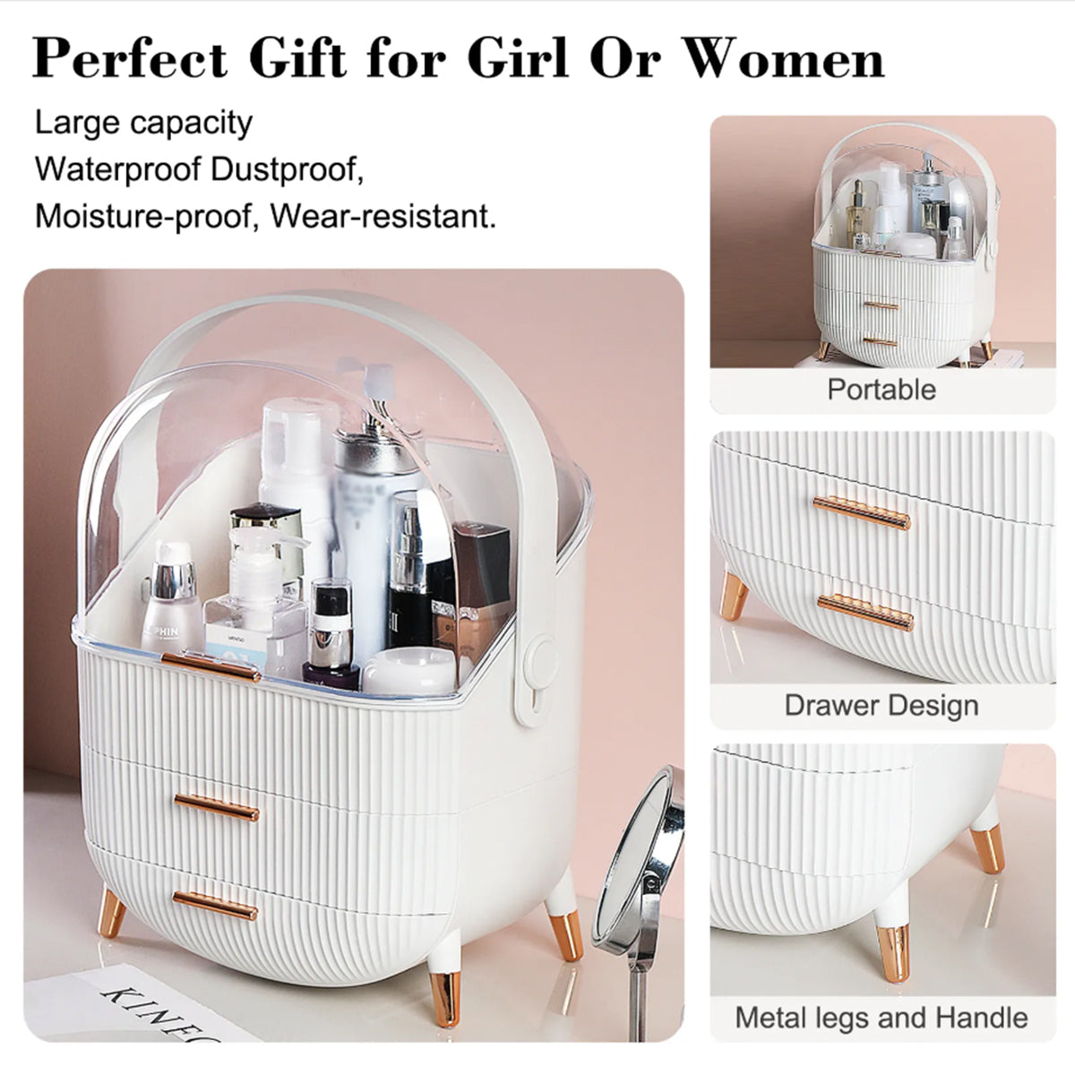 A white ribbed cosmetic organizer with a clear dome lid, metal legs, and a curved handle, shown with beauty products inside. The image includes text callouts highlighting features such as large capacity, waterproof dustproof design, portability, drawer design, and metal legs and handle.