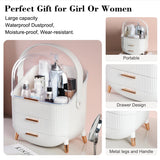 A white ribbed cosmetic organizer with a clear dome lid, metal legs, and a curved handle, shown with beauty products inside. The image includes text callouts highlighting features such as large capacity, waterproof dustproof design, portability, drawer design, and metal legs and handle.