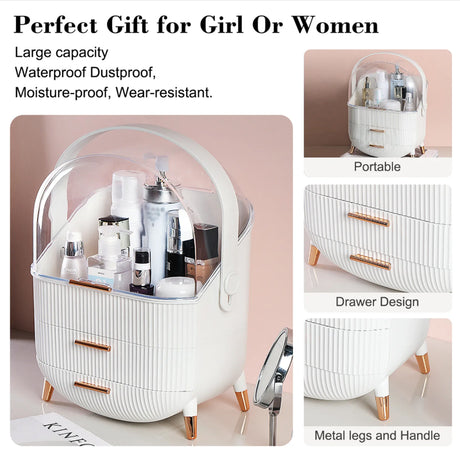 A white ribbed cosmetic organizer with a clear dome lid, metal legs, and a curved handle, shown with beauty products inside. The image includes text callouts highlighting features such as large capacity, waterproof dustproof design, portability, drawer design, and metal legs and handle.