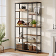 Extra-tall eight-tier bookcase with rustic brown shelves and a black metal frame