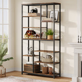 Extra-tall eight-tier bookcase with rustic brown shelves and a black metal frame