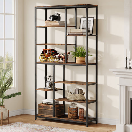 Extra-tall eight-tier bookcase with rustic brown shelves and a black metal frame
