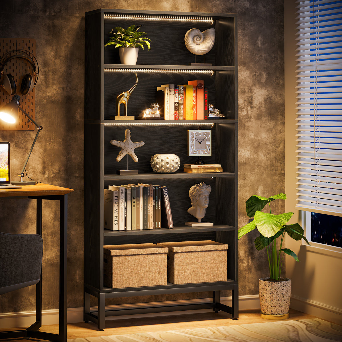 Tall black five-tier bookshelf with app-controlled LED lighting on each shelf
