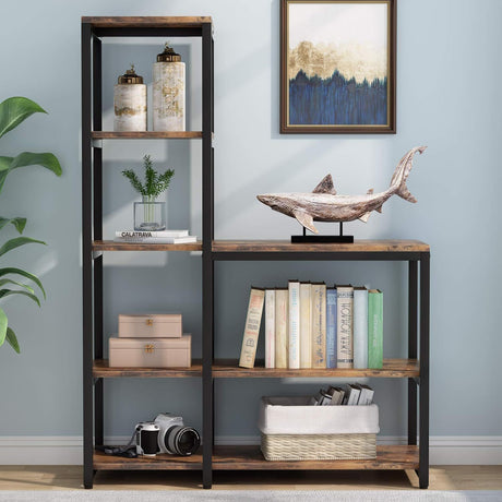 Five-tier corner bookshelf with eight staggered shelves and a black metal frame