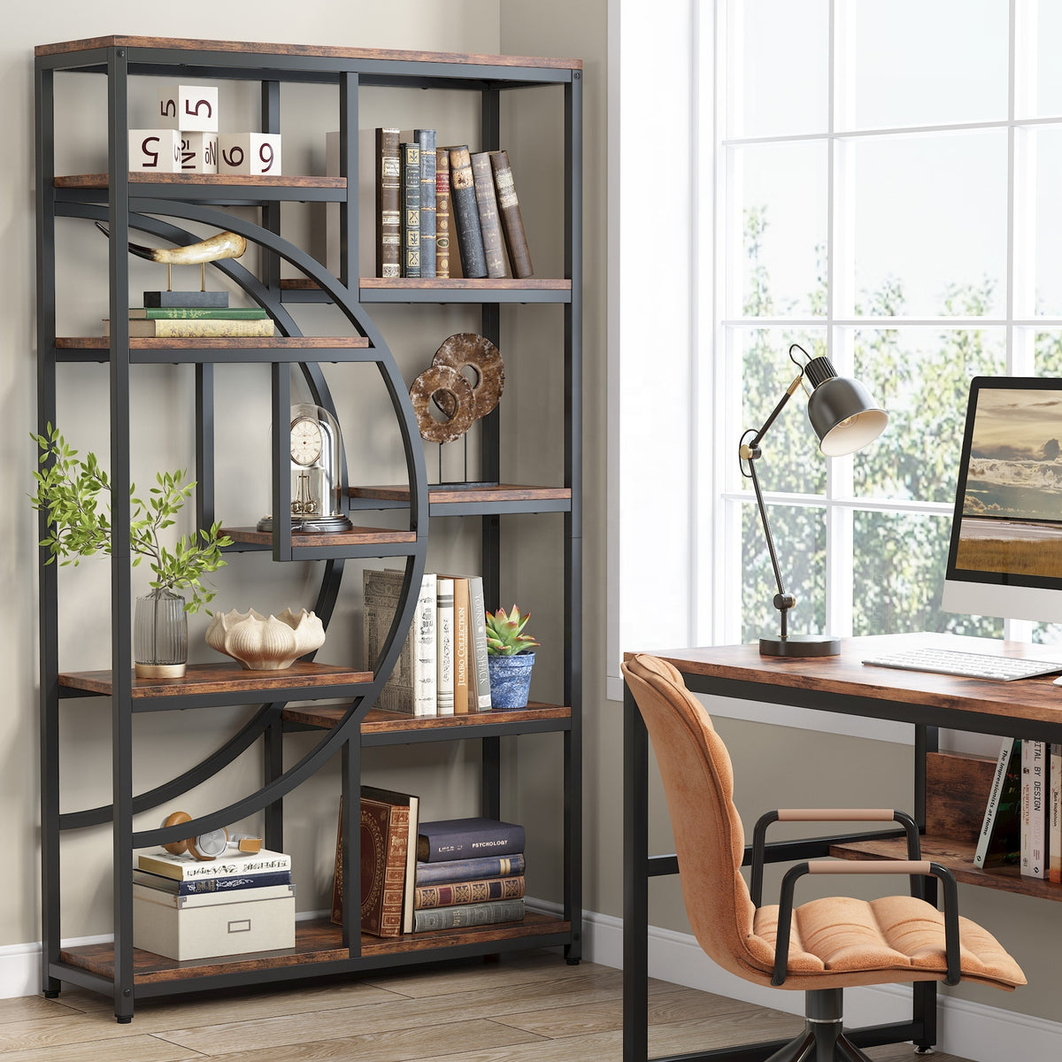 Five-tier half-moon bookcase with nine rustic brown shelves and a black metal frame