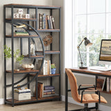Five-tier half-moon bookcase with nine rustic brown shelves and a black metal frame