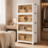 Foldable rolling storage cabinet with clear front doors and stacked enclosed compartments