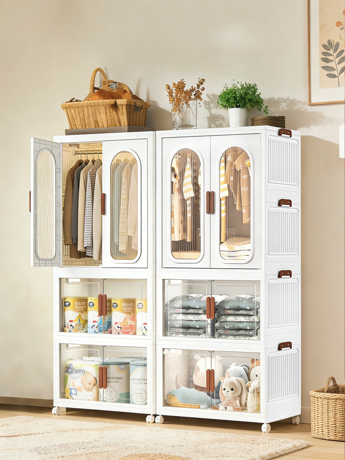 Foldable rolling storage organizer with clear doors and multiple stacked compartments