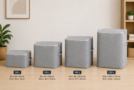 Four gray fabric storage bins in different sizes arranged from smallest to largest on a wooden floor, with capacity labels and dimensions overlaid: 30 L, 110 L, 150 L, and 220 L.