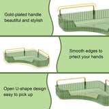 Green basket with gold handle on a green background, highlighting features like gold-plated handle, smooth edges, and open U-shape design.
