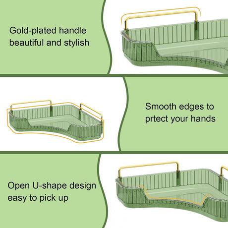 Green basket with gold handle on a green background, highlighting features like gold-plated handle, smooth edges, and open U-shape design.