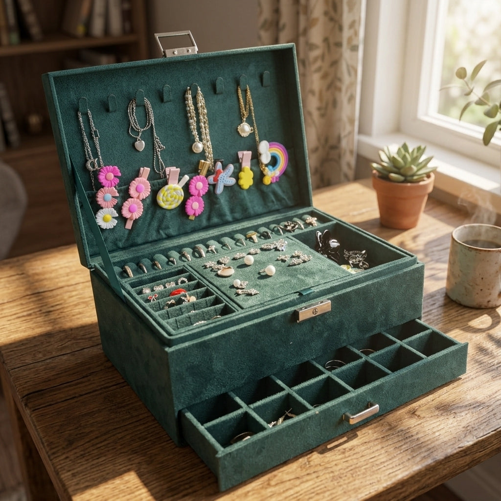 Green jewelry box with various earrings on a wooden table
