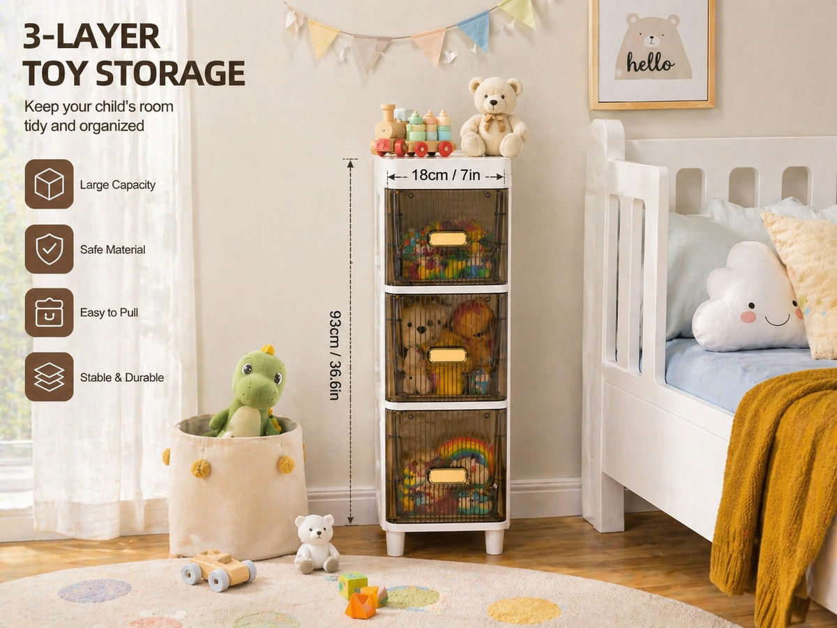 A 3-layer toy storage organizer in a styled children's bedroom. The organizer has three clear plastic drawers with brown mesh fronts and white legs, shown holding colorful toys.