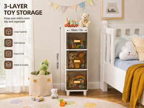 A 3-layer toy storage organizer in a styled children's bedroom. The organizer has three clear plastic drawers with brown mesh fronts and white legs, shown holding colorful toys.