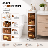 A bathroom storage organizer shown in a real bathroom setting next to a toilet and vanity, with overlaid feature callouts and dimensions. The product is a slim vertical stack of four transparent-front drawers with gold handles and brown woven basket-style fronts, labeled as a smart design details infographic.