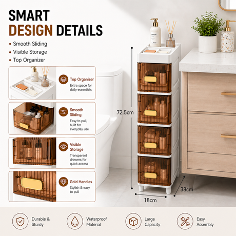 A bathroom storage organizer shown in a real bathroom setting next to a toilet and vanity, with overlaid feature callouts and dimensions. The product is a slim vertical stack of four transparent-front drawers with gold handles and brown woven basket-style fronts, labeled as a smart design details infographic.