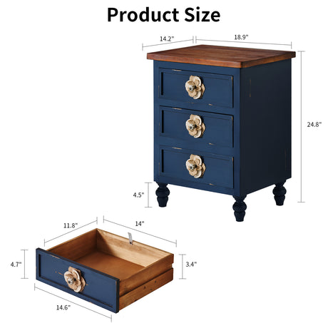Blue nightstand with wooden top and drawers, showing dimensions on a white background