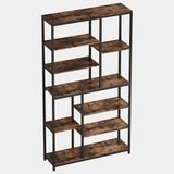 A 7-tier open bookcase with rustic dark brown wood shelves and a black metal frame, shown on a light gray background.