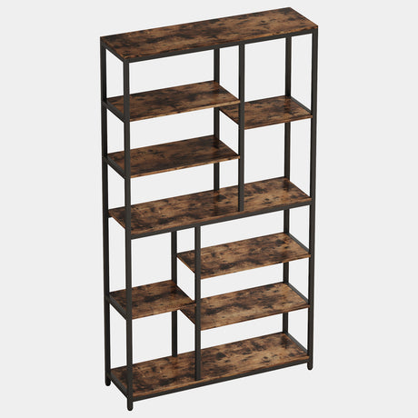 A 7-tier open bookcase with rustic dark brown wood shelves and a black metal frame, shown on a light gray background.
