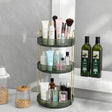 Bathroom corner with a tiered shelf holding various toiletries.