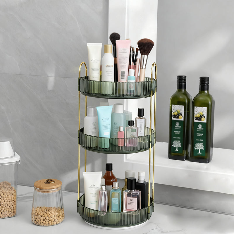 Bathroom corner with a tiered shelf holding various toiletries.