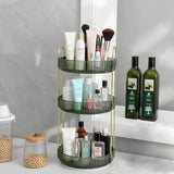 Bathroom corner with a tiered shelf holding various toiletries.