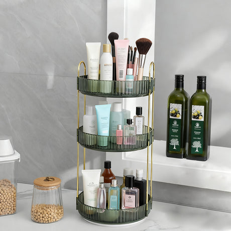 Bathroom corner with a tiered shelf holding various toiletries.