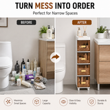 A before-and-after bathroom storage comparison in a narrow space. The left side shows cluttered toiletries and a toilet next to a cabinet, labeled BEFORE.