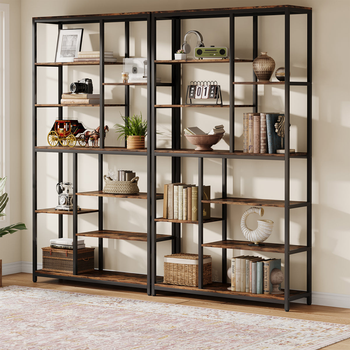 A tall, multi-compartment shelving unit with a black metal frame and rustic brown wooden shelves, styled with books, vases, a plant, and decorative items in a bright room.