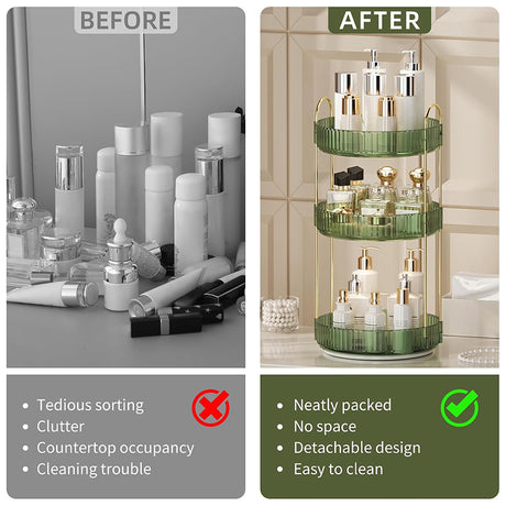 Before and after comparison of cosmetic products on a mirror and a green tiered organizer.
