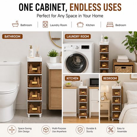 A promotional collage showing a tall, narrow white storage cabinet with multiple wooden drawer fronts in different home settings: bathroom, laundry room, kitchen, and bedroom. Large text at the top reads 'ONE CABINET, ENDLESS USES' and lists use cases; icons at the bottom highlight space-saving design, multi-purpose use, durability, and easy assembly.