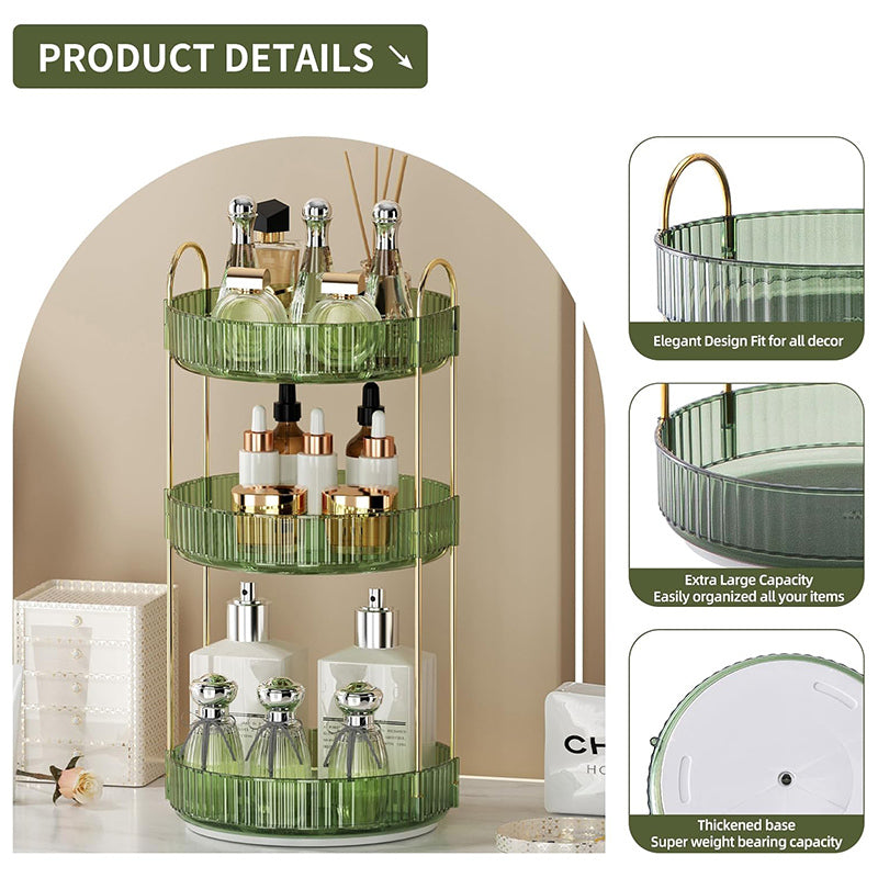 Green tiered organizer with cosmetic bottles on a neutral background, featuring product details.