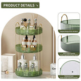 Green tiered organizer with cosmetic bottles on a neutral background, featuring product details.