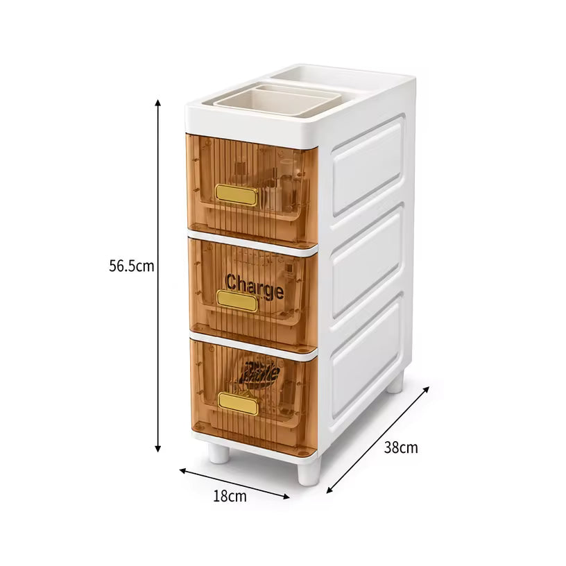 A 3-tier plastic drawer organizer with a white body and translucent amber-brown drawer fronts. The top features a small integrated sink tray.