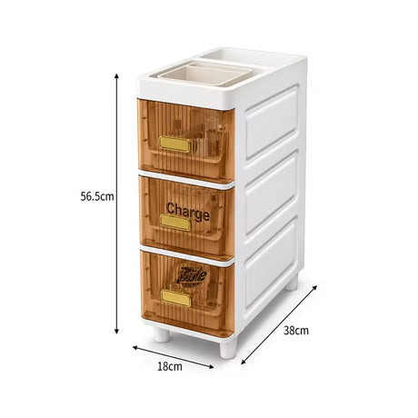 A 3-tier plastic drawer organizer with a white body and translucent amber-brown drawer fronts. The top features a small integrated sink tray.