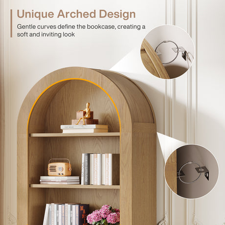 Wooden bookshelf with arch design, shelves with books and decor items, and close-up details.