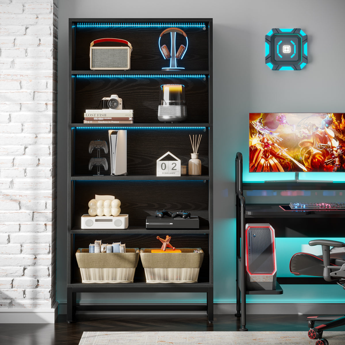 Black shelving unit with decorative items in a room with gaming setup and wall art.