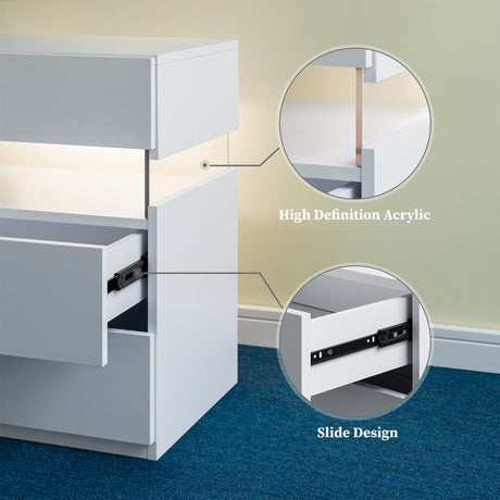 White office desk with high definition acrylic and slide design features, on a blue and beige background.
